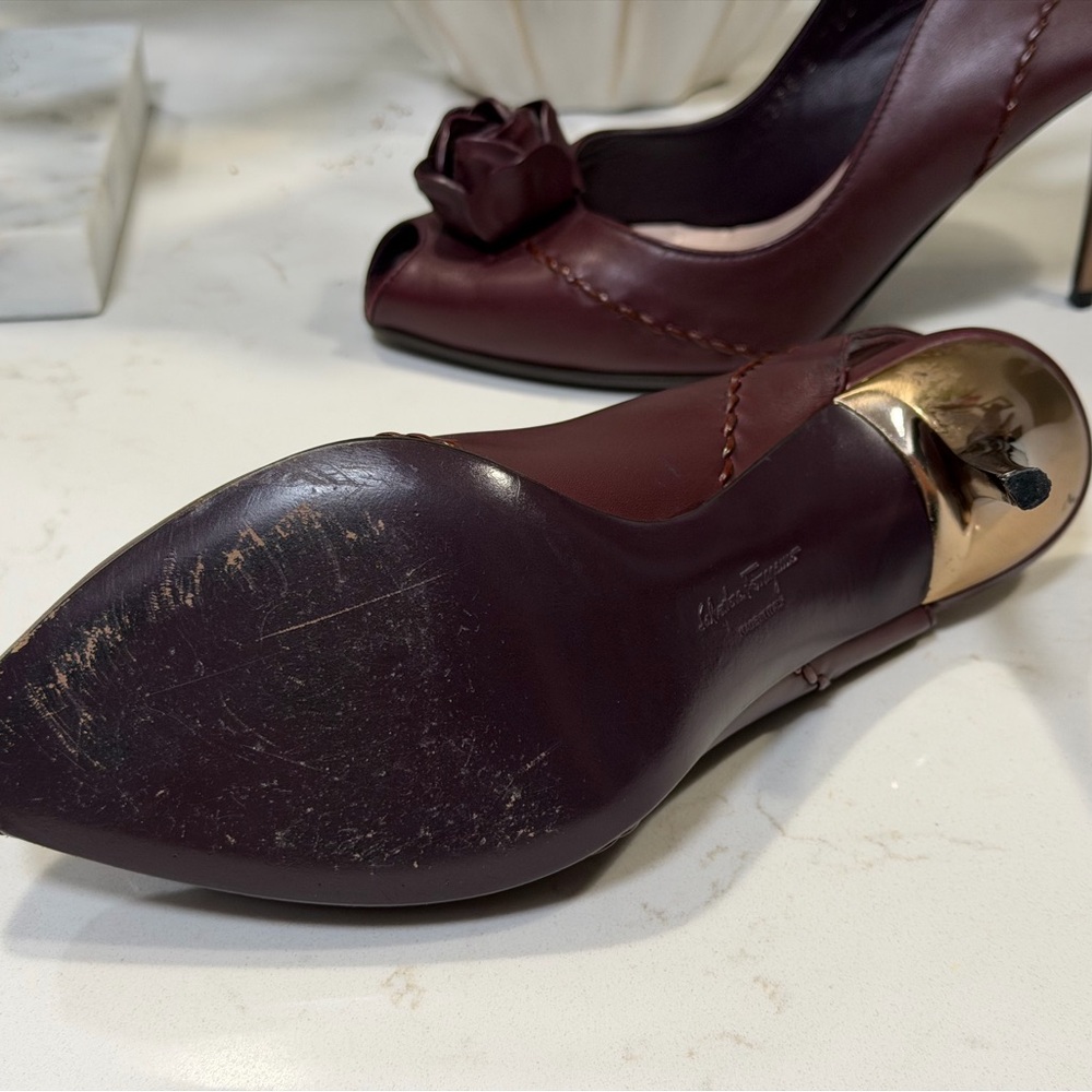 Salvatore Ferragamo Dark Red Peep-Toe Heels - Picture 10 of 10